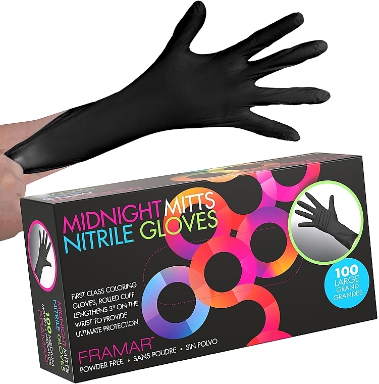 Rękawiczki nitrylowe bezpudrowe, czarne, M, 100 szt. - Framar Midnight Mitts Nitrile Gloves Medium — Zdjęcie N2