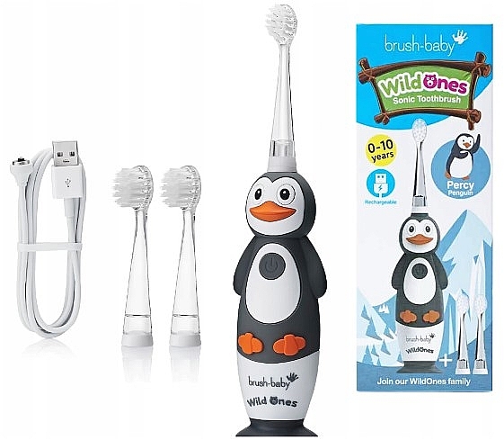 Elektryczna szczoteczka do zębów. 0-10 lat - Brush-Baby WildOnes Percy Penguin Sonic Toothbrush — Zdjęcie N2