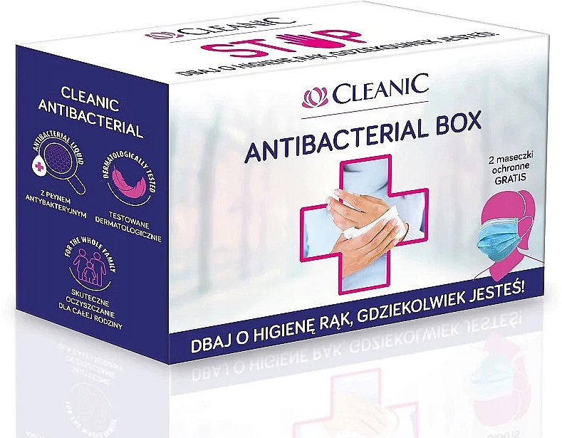 Zestaw - Cleanic Antibacterial Box (wipes/3 pack + hand/gel 50ml + mask/2pcs) — Zdjęcie N1