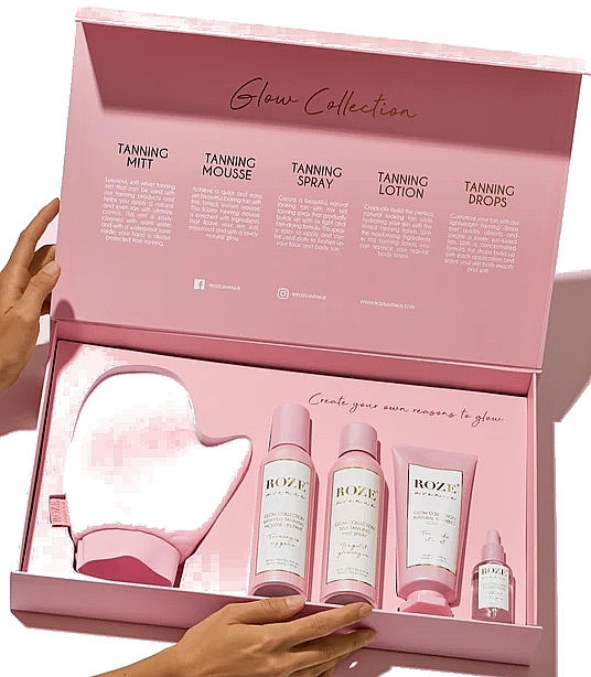 Zestaw prezentowy z samoopalaczem - Roze Avenue Glow Collection Tanning Box (spray/150m l+ lot/200ml + mousse/200ml + drops/30ml + glove/1 piece) — Zdjęcie N2