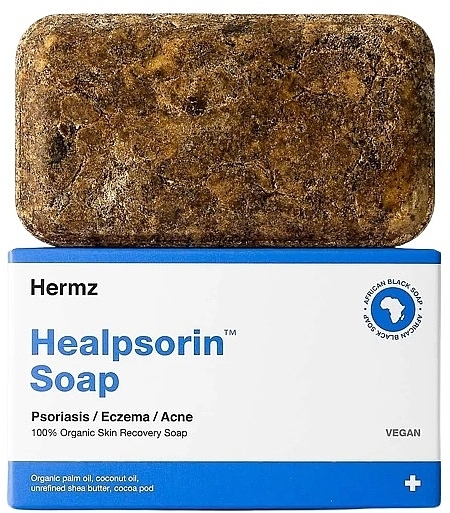 Czarne afrykańskie mydło na łuszczycę, egzemę i trądzik - Hermz Healpsorin Soap — Zdjęcie N1