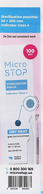 Worki do sterylizacji powietrznej Kraft 200x50 mm, 100 sztuk (ze wskaźnikiem klasy 4) - MicroSTOP Sterilization Pouch With Indicator (Class 4) ECO — Zdjęcie N1