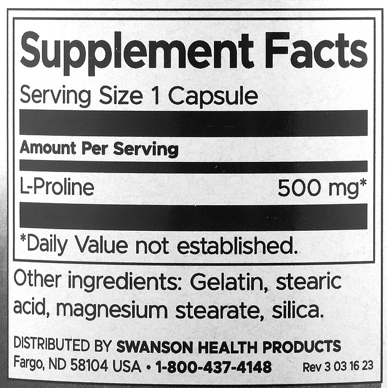 Suplement diety L-Prolina, 500 mg - Swanson L-Proline 500 mg — Zdjęcie N2