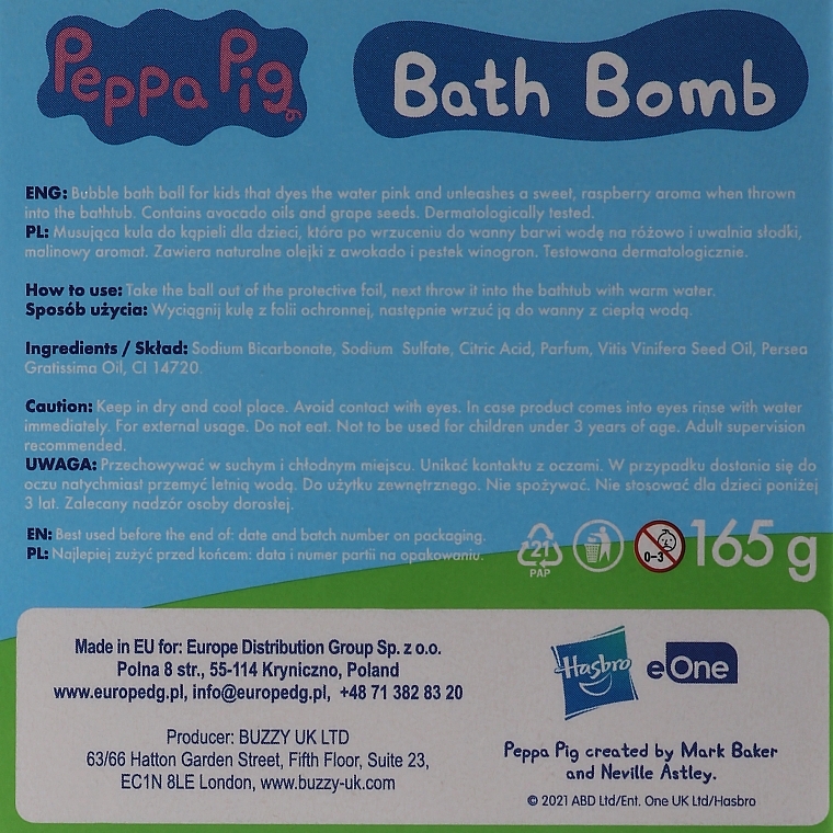 PRZECENA! Musująca kula do kąpieli dla dzieci - Peppa Pig Bath Bomb With Natural Grape Seed And Avocado Oil * — Zdjęcie N2