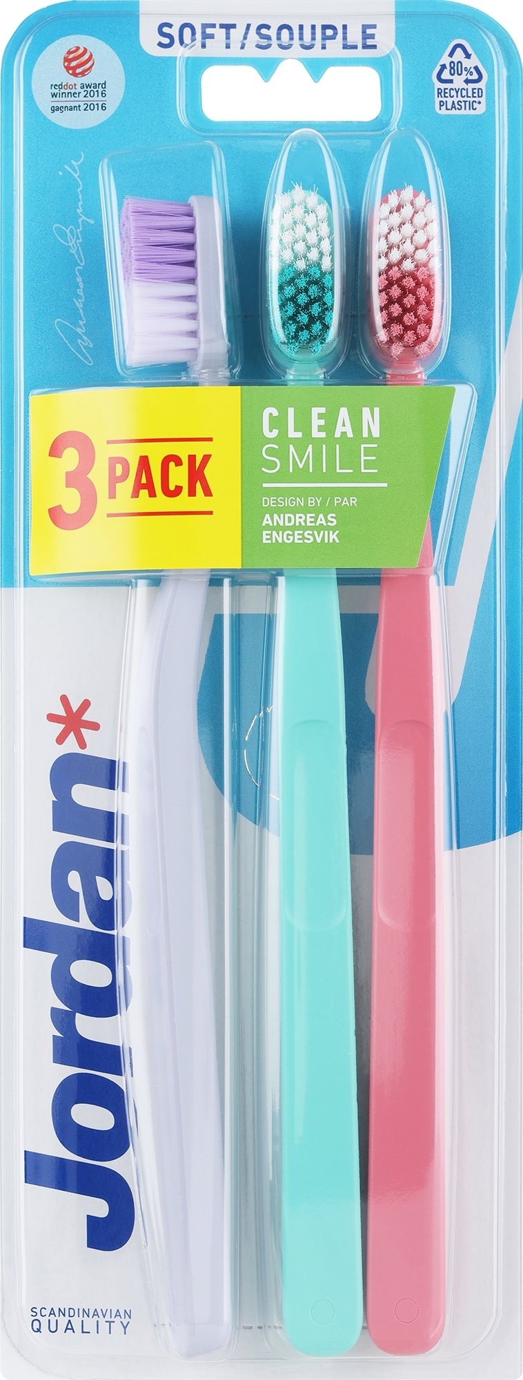 Szczoteczki do zębów, miękkie, szara + miętowa + różowa - Jordan Clean Smile Soft — Zdjęcie 3 szt.