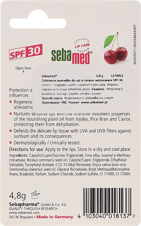 Ochronny balsam do ust Wiśnia SPF 30 - Sebamed Lip Defense Stick Cherry — Zdjęcie N2