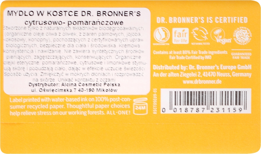 Mydło Citrus i pomarańcza - Dr Bronner’s Pure Castile Bar Soap Citrus & Orange — Zdjęcie N2