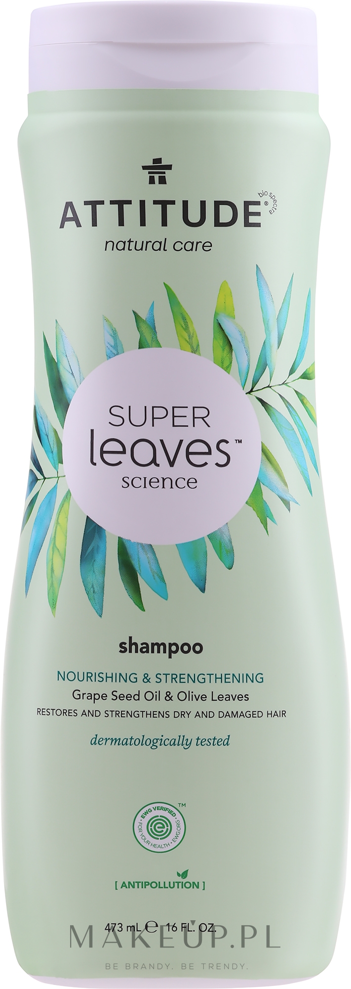 Odżywczy szampon do włosów przesuszonych i zniszczonych z olejem z winogron i oliwą z oliwek - Attitude Super Leaves Nourishing & Strengthening Shampoo — Zdjęcie 473 ml
