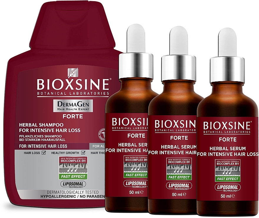 Zestaw przeciw wypadaniu włosów - Biota Bioxsine DermaGen Forte (shm/300ml + serum/3x50ml) — Zdjęcie N1