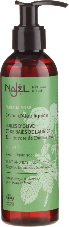 Mydło aleppo w płynie z organiczną wodą z róży damasceńskiej - Najel Aleppo Soap With Damask Rose