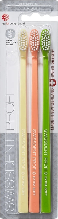Zestaw szczoteczek do zębów, bardzo miękki, żółty + pomarańczowy + zielony - Swissdent Profi Gentle Extra Soft — Zdjęcie N1