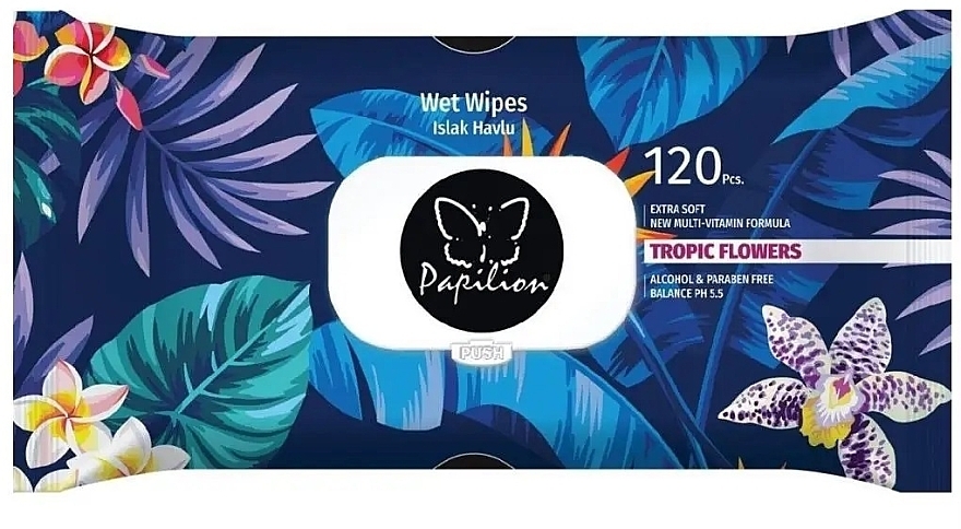 Chusteczki nawilżane w plastikowym opakowaniu Tropikalne kwiaty, 120 szt. - Papilion Wet Wipes Tropic Flowers — Zdjęcie N1