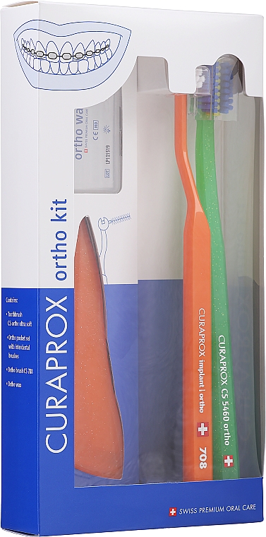 Zestaw do zębów, zielony+pomarańczowy - Curaprox Ortho Kit (brush/1pcs + brushes 07,14,18/3pcs + UHS/1pcs + orthod/wax/1pcs + box) — Zdjęcie N1