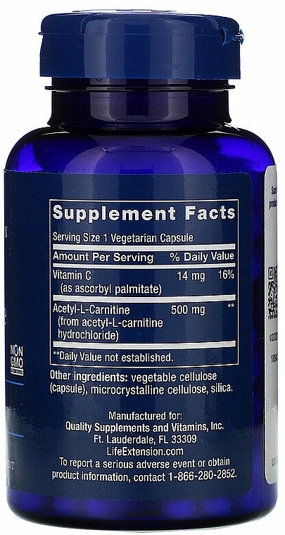 Suplement diety acetylokarnityna - Life Extension Acetyl-L-Carnitine, 500 mg — Zdjęcie N2