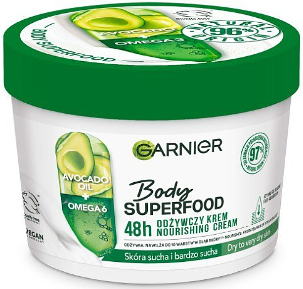 Odżywczy krem do ciała do skóry suchej i bardzo suchej - Garnier Body SuperFood Avocado Oil + Omega 6 Nourishing Cream