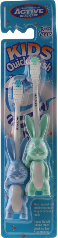 Szczoteczki do zębów dla dzieci 3–6 lat, króliczki, zielona + niebieska - Beauty Formulas Kids Quick Brush — Zdjęcie N1