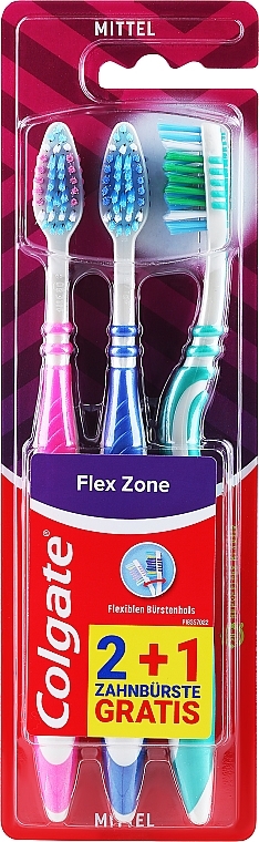 Zestaw szczoteczek do zębów średnio twardych, 3 sztuki, niebieski+różowy+turkusowy - Colgate Flex Zone — Zdjęcie N1