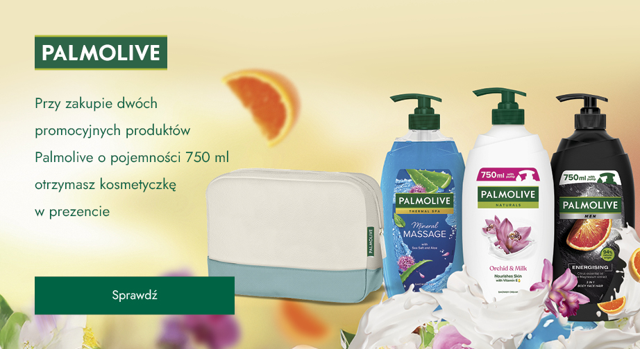 Przy zakupie dwóch promocyjnych produktów Palmolive o pojemności 750 ml otrzymasz kosmetyczkę w prezencie.