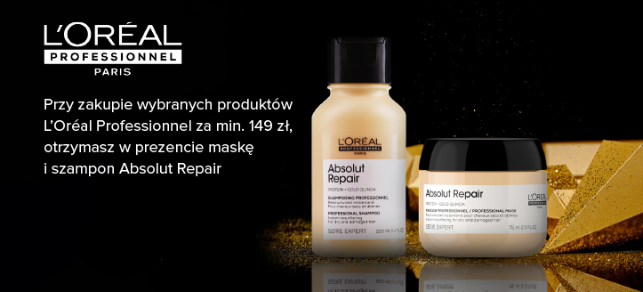 Przy zakupie wybranych produktów L'Oréal Professionnel za min. 149 zł, maskę i szampon Absolut Repair otrzymasz w prezencie.