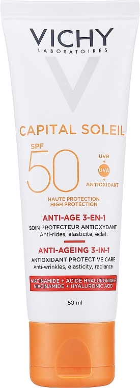 PRZECENA! Krem przeciwstarzeniowy do twarzy SPF 50 - Vichy Idéal Soleil Anti-Ageing 3-in-1 Antioxidant Care SPF 50 * — Zdjęcie N2
