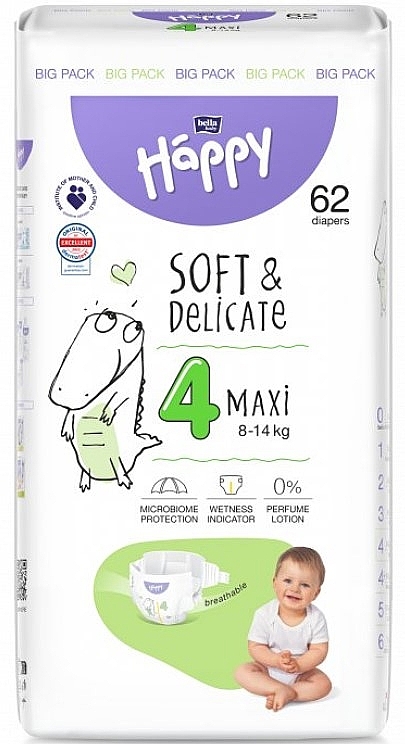 Pieluchy dziecięce 8-14 kg, rozmiar 4 Maxi, 62 szt. - Bella Baby Happy Soft & Delicate — Zdjęcie N1