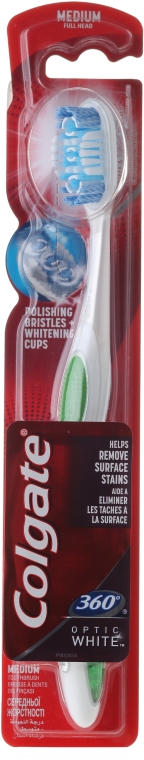 Wybielająca szczoteczka do zębów, średnia twardość, biało-zielona - Colgate 360 Degrees Toothbrush Optic White Medium — Zdjęcie N1
