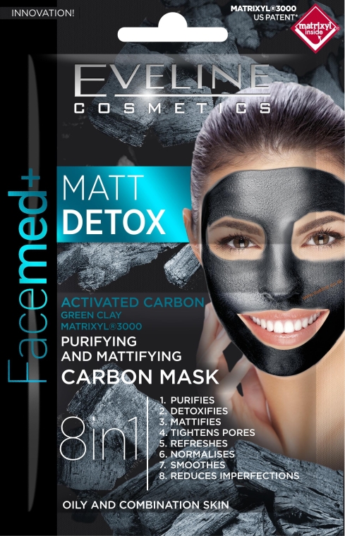 Oczyszczająco-matująca maska węglowa 8 w 1 - Eveline Cosmetics Facemed+ Matt Detox Mask 8 in 1