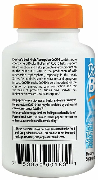 Suplement diety z koenzymem Q10 - Doctor's Best High Absorption CoQ10 with BioPerine, 100 mg, 120 Softgels — Zdjęcie N3