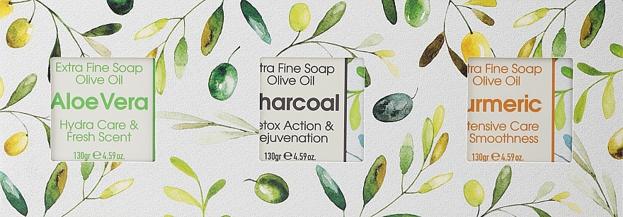 Zestaw naturalnych mydeł z kurkumy, węgla drzewnego i aloesu - Kalliston Box With 3 Soaps (soap/3x130g) — Zdjęcie N2