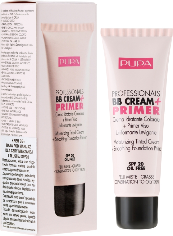 Krem BB z bazą pod makijaż do skóry mieszanej i tłustej - Pupa Professionals BB Cream + Primer For Combination To Oily Skin SPF 20