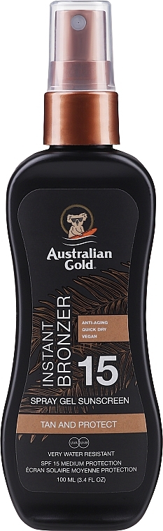 Żel w sprayu do opalania z naturalnym bronzerem, 100 ml - Australian Gold Spray Gel Sunscreen with Instant Bronzer SPF 15 — Zdjęcie N1
