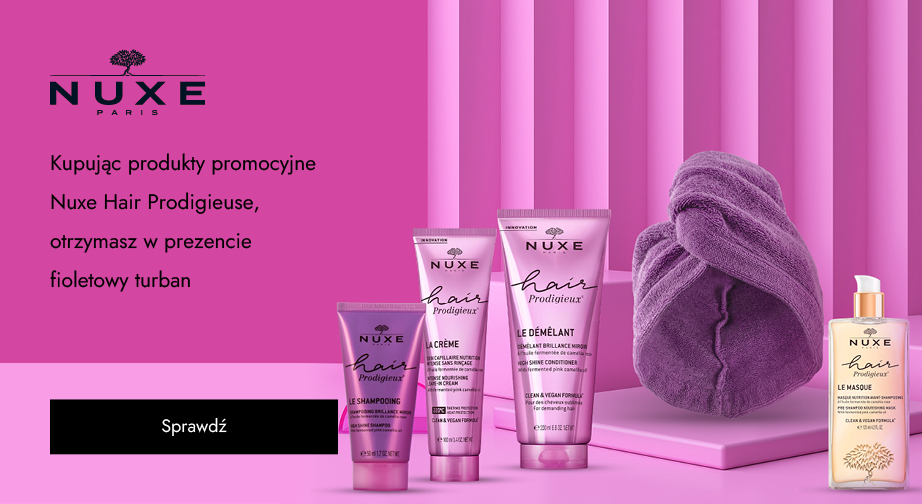 Kupując produkty promocyjne Nuxe Hair Prodigieuse, otrzymasz w prezencie fioletowy turban.
