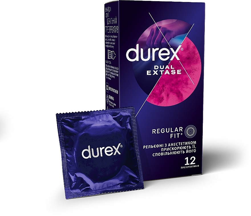 Prezerwatywy lateksowe z lubrykantem silikonowym i środkiem znieczulającym, 12 szt. - Durex Dual Extase