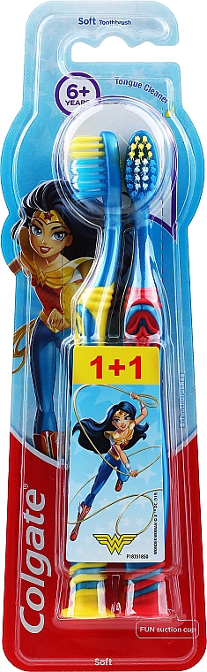 Miękkie szczoteczki do zębów dla dzieci 6+, niebiesko-żółta + niebiesko-czerwona - Colgate Kids Wonder Woman — Zdjęcie N2