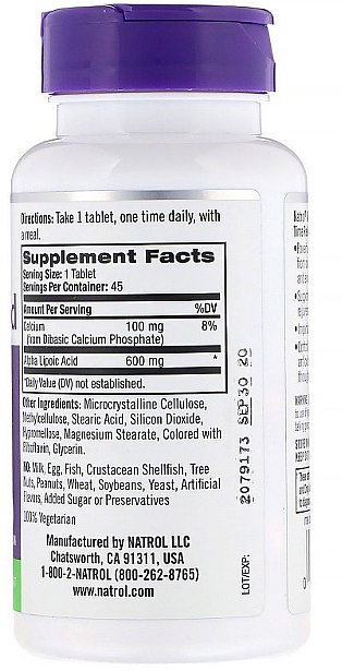 Kwas alfa liponowy o powolnym uwalnianiu w kapsułkach, 600 mg - Natrol Alpha Lipoic Acid — Zdjęcie N2