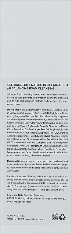 Delikatna pianka myjąca - Celimax Derma Nature Relief Madecica pH Balancing Foam Cleansing — Zdjęcie N3