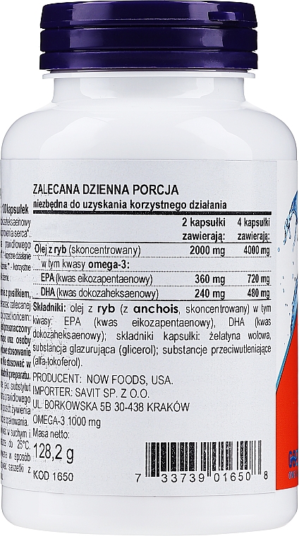 Kapsułki Omega-3 1000 mg - Now Foods Omega-3 Molecularly Distilled 180 EPA/120 DHA — Zdjęcie N4