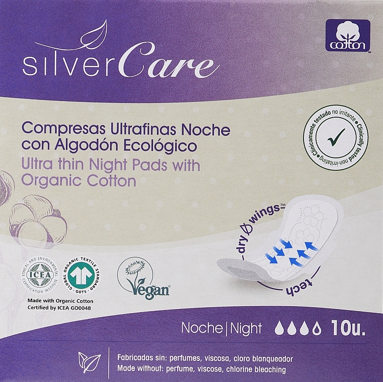Wkładki higieniczne, 10sztuk - Silver Care Night Ultra Sanitar Organic Cotton