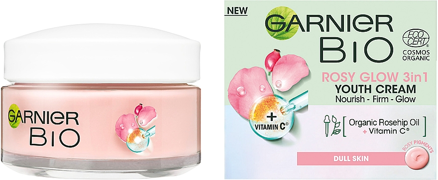 Krem z olejkiem z dzikiej róży rozjaśniający poszarzałą skórę - Garnier Bio Rosy Glow 3in1 Youth Cream