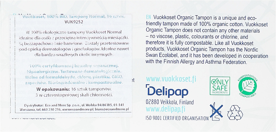 Tampony organiczne bez aplikatora, 16 szt. - Vuokkoset Organic Normal Tampons — Zdjęcie N2