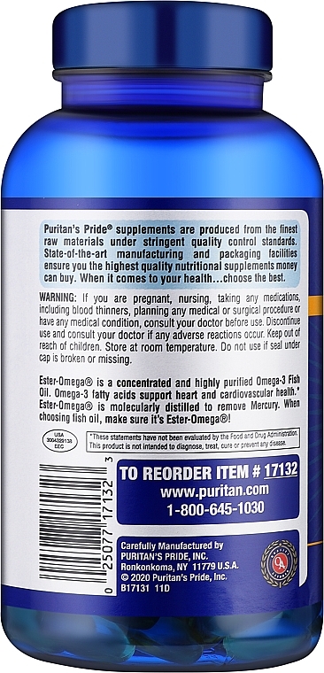 Omega-3, 1200 mg - Puritan's Pride Double Strength Omega-3 Fish Oil 1200mg/600mg Softgels — Zdjęcie N2