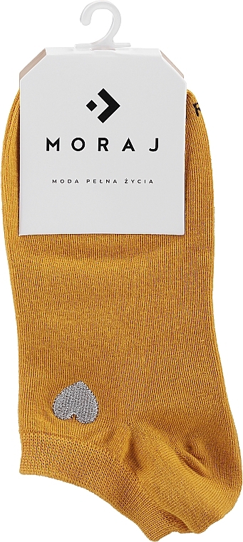 Krótkie skarpetki damskie z haftem w kształcie serca, żółte - Moraj — Zdjęcie N1