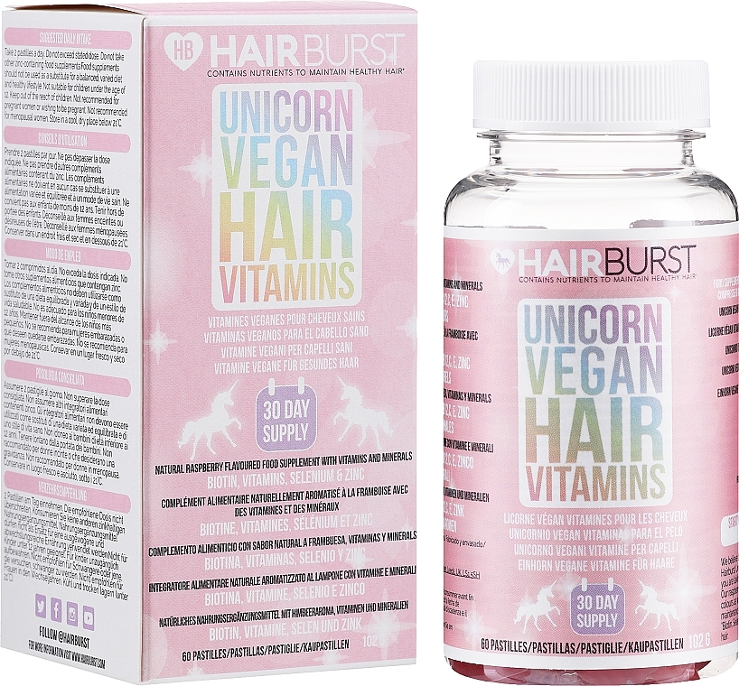 PRZECENA! Witaminy w pastylkach do ssania na porost i wzmocnienie włosów dla wegan - Hairburst Unicorn Vegan Hair Vitamins * — Zdjęcie N2