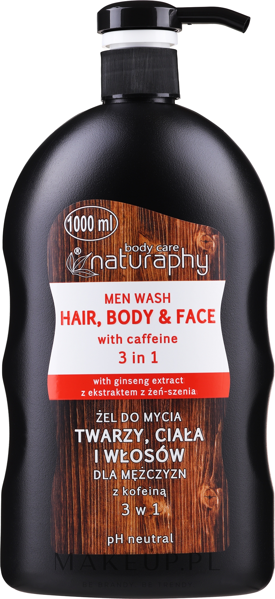 Żel do mycia twarzy, ciała i włosów dla mężczyzn - Naturaphy Hair, Body & Face Man Wash With Caffeine 3 in 1 — Zdjęcie 1000 ml
