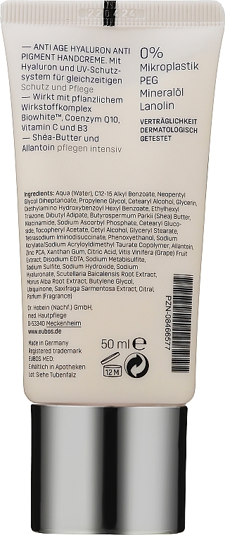 Hialuronowy krem ​​do rąk przeciw zmianom pigmentacyjnym - Eubos Anti Age Hyaluron Anti-Pigment Hand Cream — Zdjęcie N2