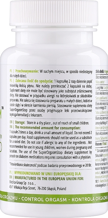 Suplement diety na opóźnienie przedwczesnego wytrysku - Medica-Group Super Orgasm Stop Diet Supplement — Zdjęcie N2