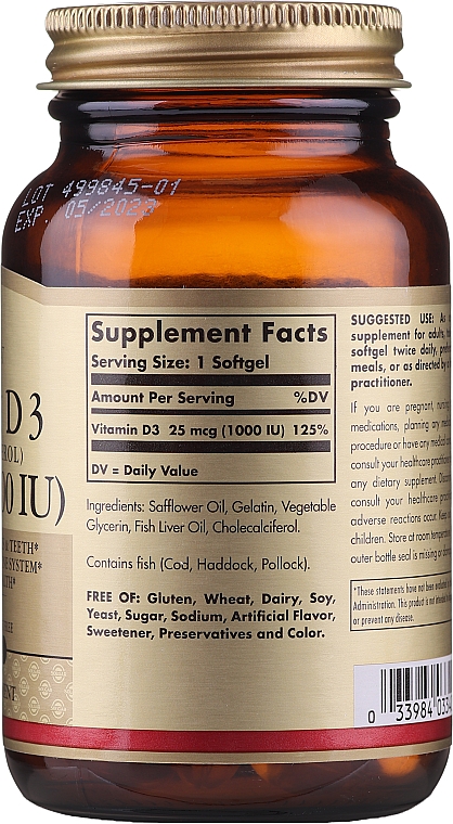 Suplement diety Witamina D - Solgar Vitamin D3 1000 IU Cholekacyferol  — Zdjęcie N6