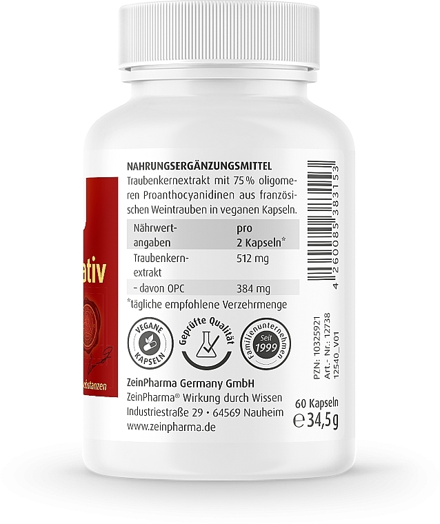 Suplement diety Ekstrakt z pestek winogron, 192 mg - ZeinPharma OPC Native 192mg Capsules — Zdjęcie N3