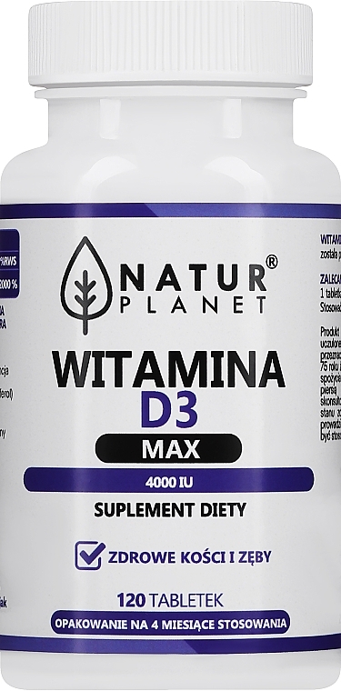 Witamina D3 MAX 4000IU w tabletkach - Natur Planet Vitamin D3 4000IU — Zdjęcie N3