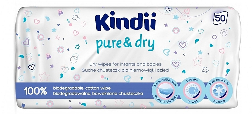 Suche chusteczki dla niemowląt i dzieci, 50 szt. - Kindii Pure&Dry — Zdjęcie N1